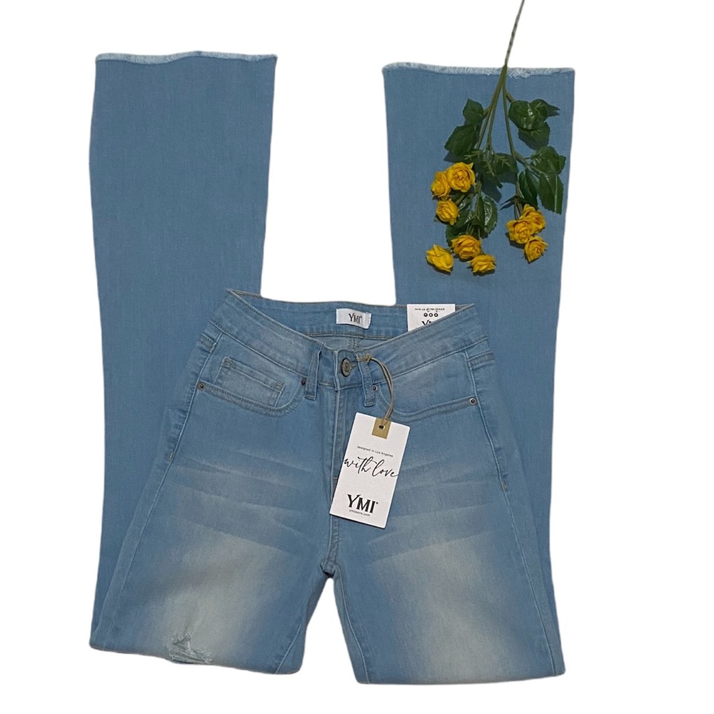 YMI Jeans Light Wash Denim Flare Mid Rise Distressed Blue Jeans Size 1/25
